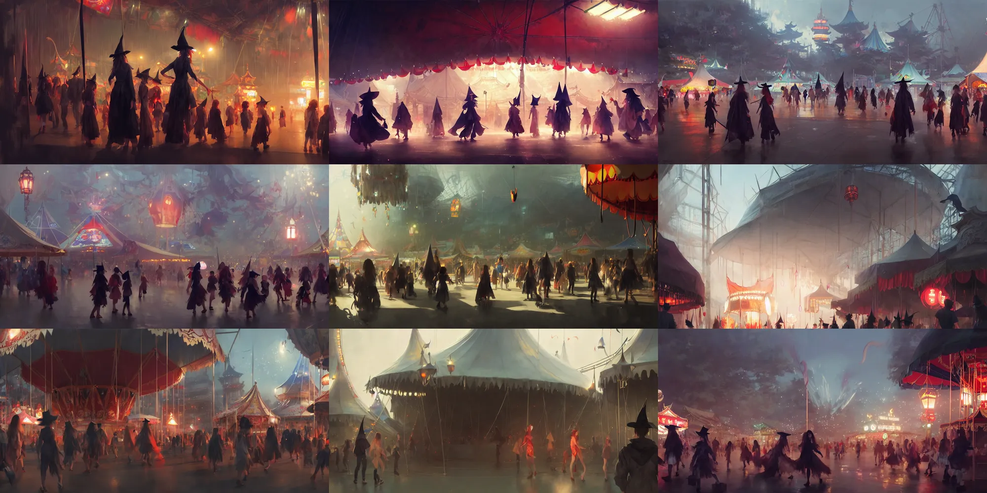 Image similar to close - up of student witches exploring and patrolling around a small carnival amusement, food stalls, big top circus tent, roaming entertainers, flashing lights, highly detailed, magical, japan mountains, digital painting, concept art, matte, art by ruan jia and wlop and greg rutkowski and makoto shinkai, masterpiece