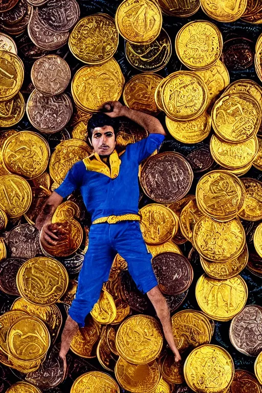 Prompt: intricate color photo of rishi sunak on top of a mountain of gold coins 8 k octane beautifully detailed render