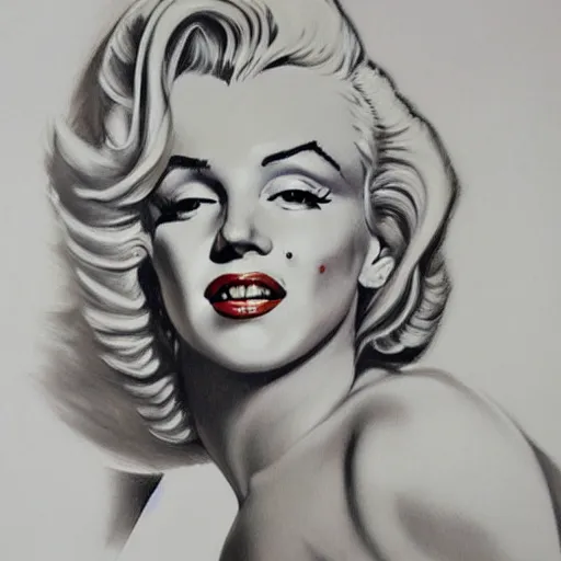 Image similar to pencil art, detailed portrait of marilyn monroe, full body view, intricate, hyper detailed, realistic, oil painting, by julie bell, frank frazetta, cinematic lighting