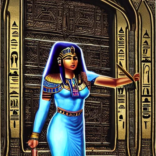 Image similar to Highly detailed illustration of Egyptian goddess Hathor defending the royal temple gates, hyper realistic, sci-fi fantasy art