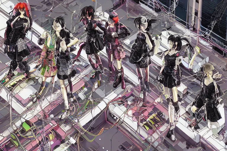 Image similar to a cyberpunk illustration of a group of four super-coherent female androids dressed in seifuku in style of masamune shirow, lying scattered across an empty, white floor with their bodies rotated in different poses and cables and wires coming out, by yukito kishiro and katsuhiro otomo, hyper-detailed, intricate, view from above, colorful