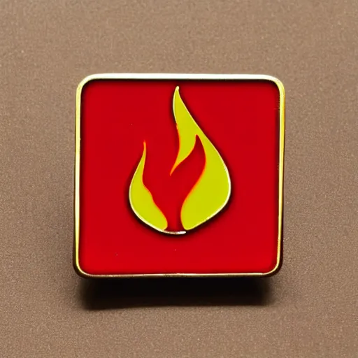 Prompt: a square enamel pin of a retro minimalistic fire flame warning label, smooth curves