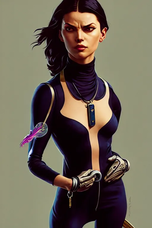 Image similar to gta selena as aeon flux profile picture by greg rutkowski, dynamic pose, intricate clothes, futuristic, margaret keane, artgerm, greg rutkowski, thomas kindkade, mucha, loish, norman rockwell, moebius, phantom, dreary, dramatic, fluid, golden ratio, artstation,