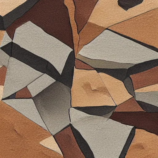 Prompt: masterpiece abstract intricate painting of detailed multiple layers of rocky material along a planer surface. highly geometric with loose sketch lines slanting down. isometric angles. beautiful use of light and shadow to create a sense of a stony landscape. using architectural brushwork and a rich earthy color palette, providing a mathematical rough sketchy look.