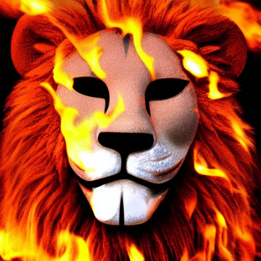 Prompt: anonymous lion face, closeup of face, volumetric lighting, face encircled by fire, crimson - black color scheme