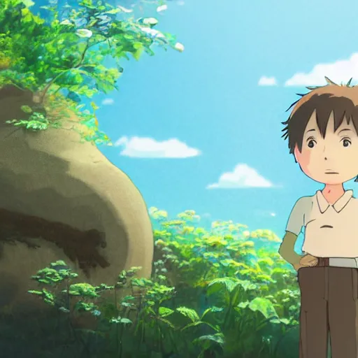 Image similar to friendly guy and small creature , with Fragile looking character portrait face made by Studio Ghibli highly detailed art, beautiful scene, sharp focus, smooth, 8k, anime art