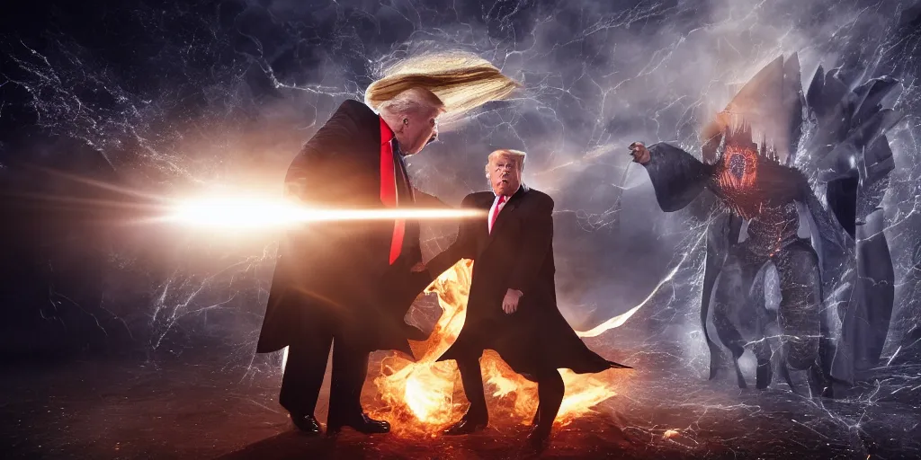 Prompt: a professional photo of donald trump fighting sauron at capitol, extremely high fidelity. key light.