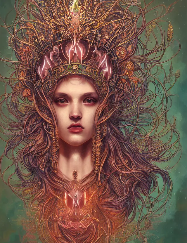 Image similar to symmetrical, centered, goddess close-up portrait wigh crown made of skulls. phoenix betta fish, phoenix, bioluminiscent creature, super intricate ornaments artwork by Tooth Wu and wlop and alena aenami and greg rutkowski