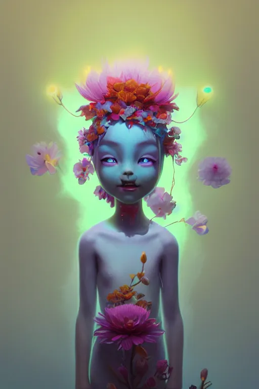 Image similar to super cute Bioluminescent Flower deity character concept, single head, no double head, soft light, soft mood, realistic body features and face, illustration, painting oil on canvas by Elena Zhurikhina and Goro Fujita and Charlie Bowater, octane render trending on artstation, 4k, 8k, HD