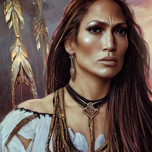 Prompt: Jennifer Lopez as a warrior woman, looking at camera, D&D, choker on neck, stylish dress, very long flowing hair, intricate, elegant, stylish, serious expression, extremely detailed, digital painting, artstation, concept art, smooth, sharp focus, illustration, stunning lighting, art by artgerm and greg rutkowski and alphonse mucha and simon stalenhag