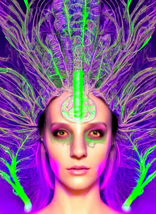 Image similar to 3 d goddess medium half - turn shot portrait with hyperdimensional mycorrhizal implants. beautiful intricately detailed avante garde leaf - vein mask and synthwave sorceress outfit. glowing bio luminescent, water, pulse projections, plasm creature, artwork by tooth wu and wlop and android jones and beetle and greg rutkowsk