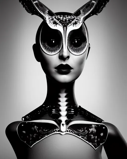 Image similar to surreal mythical dreamy dark artistic black and white fine art 3 / 4 fashion portrait photo of a young beautiful delicate female robot with orchid - owl face, rim light, cinematic, studio dramatic light, poetic, masterpiece, octane render, 8 k, photo - realistic by hg giger and man ray