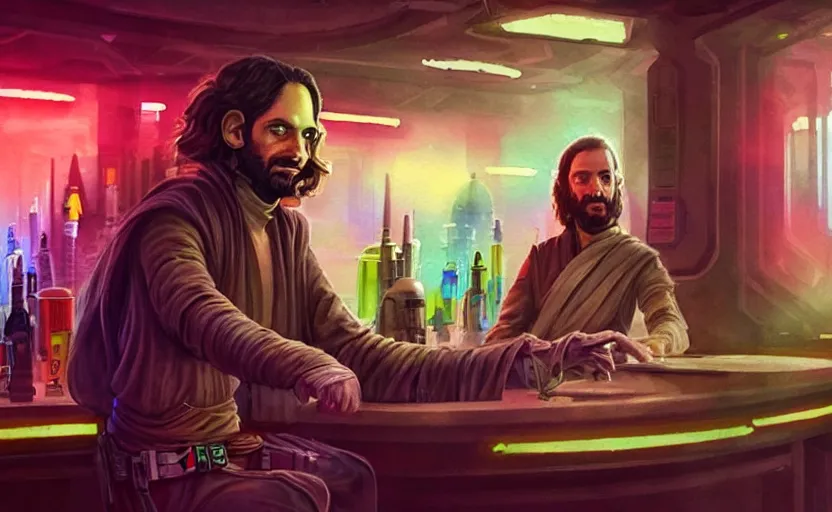 Image similar to an accurate realistic star wars watercolor fantasy concept art of a drug dealer that looks like chris d'elia looking crazy in a sleazy futuristic bar of coruscant, hq, 4 k