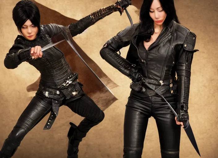 Image similar to black haired woman in a leather jacket, a sword fight, action pose, movie scene, highly detailed, intricate, face enhance, long sharp intricate sword, trending on artstation, action pose