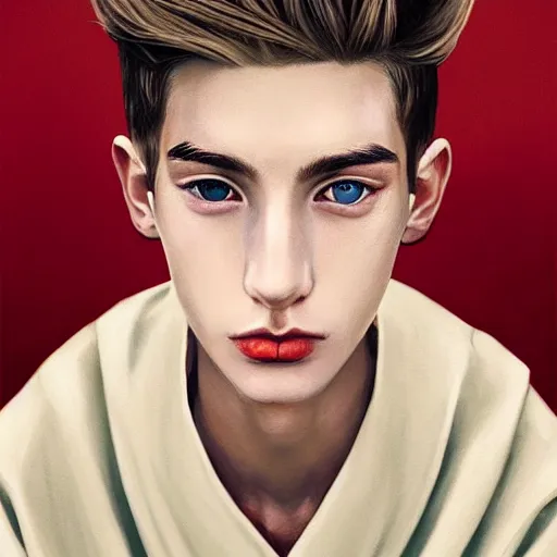 Prompt: colorful Captivating teenage boy with brown blond short quiff hair and thin facial structure with cleft chin, good definition of cheekbones, Alert eyes, narrow face, brown eyes with red eye markers, slim body, wearing a detailed Japanese kimono with golden details, atmospheric lighting, painted, intricate, 4k, highly detailed by Charlie Bowater