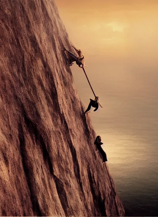 Image similar to action shot of Nicole Kidman hanging from a cliff face, Les Edwards, Zdzislaw Beksinski, Carl Gustav Carus, John Harris, Michal Karcz, Zhang Kechun, Mikko Lagerstedt, Scott Listfield, Steven Outram, Jessica Rossier