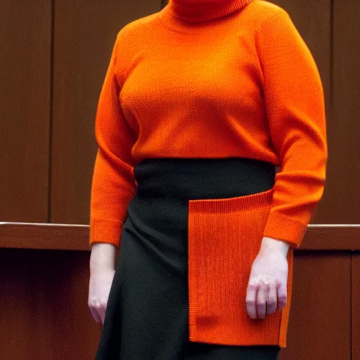 Image similar to Stunning Real Life Beautiful Portrait Scene of Velma Dinkley wearing her iconic orange sweater from Scooby Doo in court for falsely accusing someone of being a criminal by Greg Rutkowski. Velma is a teenage female, with chin-length auburn hair and freckles. She is wearing a baggy, thick turtlenecked orange sweater, with a red skirt, knee length orange socks and black Mary Jane shoes. Soft render, Pixiv, artstation