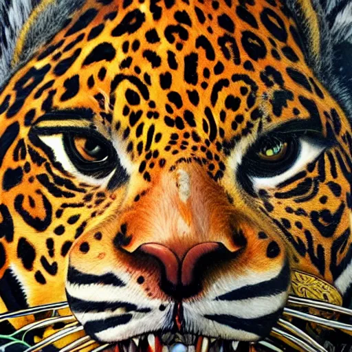 Prompt: an intricated and detailed painting of a shaman turning into a jaguar 4 k render