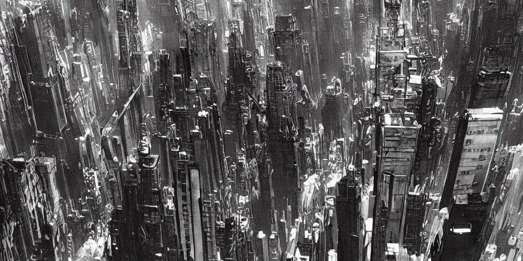 Prompt: Futuristic Sci-fi Alien metropolis of The Last Skybridges of New York City Tenement District with unfathomable depth, filled with bustling flying vehicle traffic (The Fifth Element 1997)