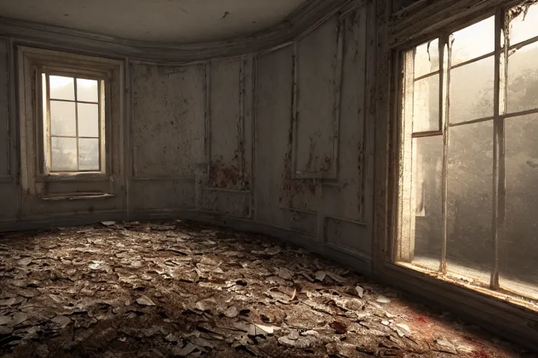 Image similar to ruined, abandoned polish mansion bedroom, seen from inside. Diffused, red light falls through the broken windows. Dirt, leaves on ground. Unreal Engine. Substance painter. Zbrush. Trending on artstation. 8K. Highly detailed.