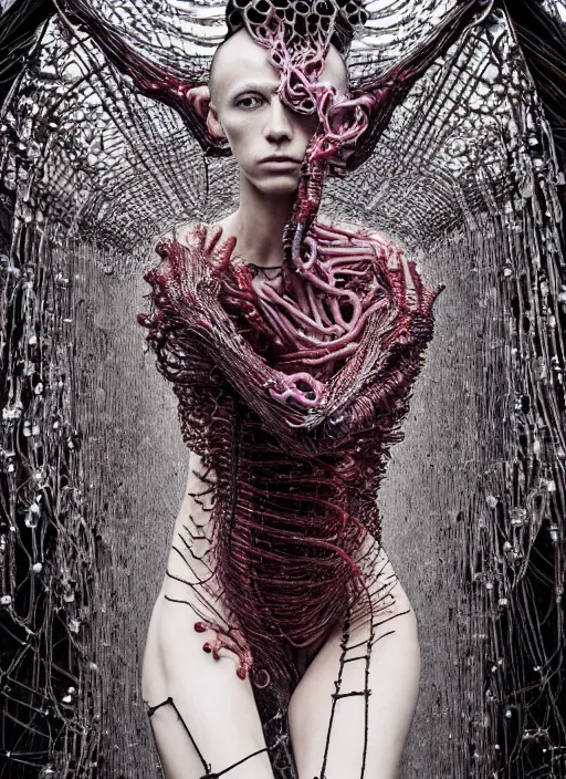 Image similar to walking down the catwalk, steven klein, show, stage, vogue photo, podium, fashion show photo, historical baroque dress, iris van herpen, beautiful woman, full body shot, masterpiece, intricate, wires, veins, jellyfishs, biopunk, guyver, highly detailed