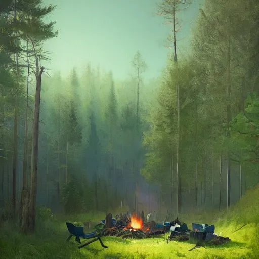 Prompt: rolling hills of the forest, campfire at night, green - blue coloured sky, art by greg rutkowski, trending on artstation, masterpiece