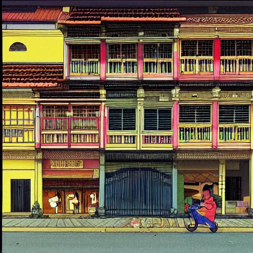 Image similar to a row of shophouses in singapore, art by satoshi kon