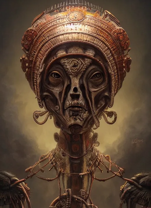 Prompt: Helmet of a forgotten Aztec Deity, bones, copper elements, extremly detailed digital painting, in the style of Tomasz Alen Kopera and Fenghua Zhong and Peter Mohrbacher, mystical colors, rim light, beautiful lighting, 8k, stunning scene, raytracing, octane, trending on artstation