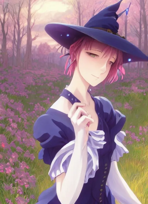 Image similar to Painting of a cottagecore witch with side-shaved strawberry hair in the style of Violet Evergarden, beautiful anime art style, winged eyelashes, countryside, calm, fantasy character portrait, dark outlines, dynamic pose, above view, sunny day, artwork by Makoto Shinkai, very coherent asymmetrical artwork, sharp edges, perfect face, simple form, 100mm