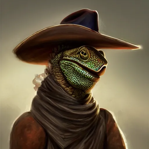 Prompt: a portrait of a lizard with a cowboy hat on with an American flag scarf, D&D, sci-fi, elegant, hopeful, muscular, highly detailed, digital painting, artstation, concept art, smooth, sharp focus, illustration