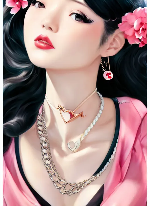 Image similar to a pin up and beautiful fashion dreamlke japan girl with lv jewelry, character art, art by artgerm, wlop, loish, hyperdetailed, 8 k realistic, symmetrical, global illumination, radiant light, frostbite 3 engine, cryengine, dof, trending on artstation, digital art, chanel, dior, detailed background