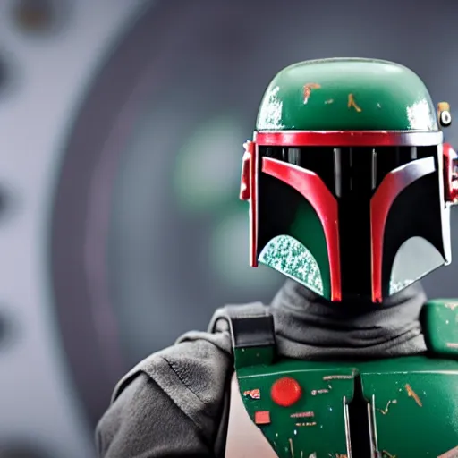 Image similar to photo of Boba fett playing roulette, high quality, cinematic, 4k, strong bokeh