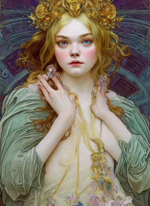 Image similar to Elle Fanning as God of Beauty, cute, fantasy, intricate, elegant, highly detailed, digital painting, 4k, HDR, concept art, smooth, sharp focus, illustration, art by alphonse mucha,artgerm, H R Giger