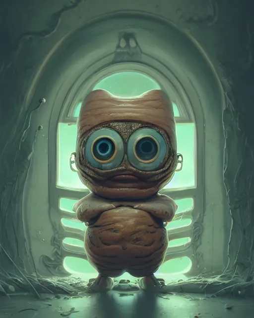 Image similar to portrait of funny giant cute eyes ceramic doll wizard, intricate abstract. intricate artwork, by tooth wu, wlop, beeple, dan mumford. concept art, octane render, trending on artstation, greg rutkowski very coherent symmetrical artwork. cinematic, key art, hyper realism, high detail, octane render, 8 k, iridescent accents