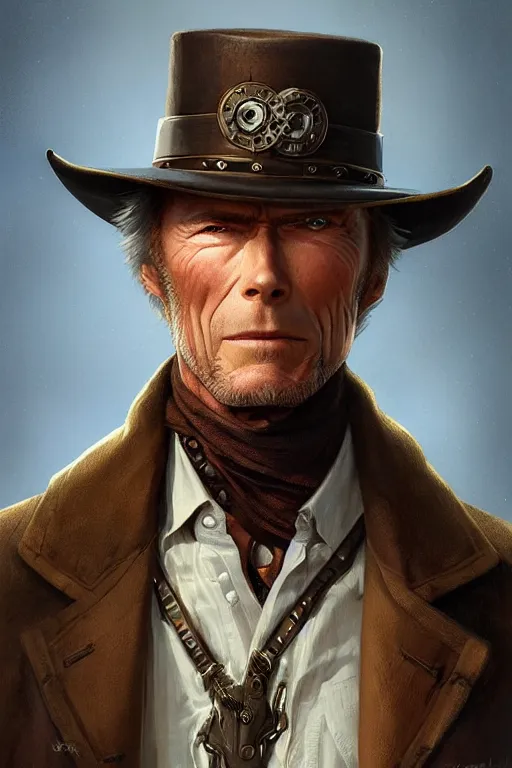 Image similar to heroic character design of clint eastwood, portrait, western, steampunk, duster, fantasy, intricate, elegant, highly detailed, digital painting, artstation, concept art, sharp focus, illustration, art by artgerm and greg rutkowski and alphonse mucha