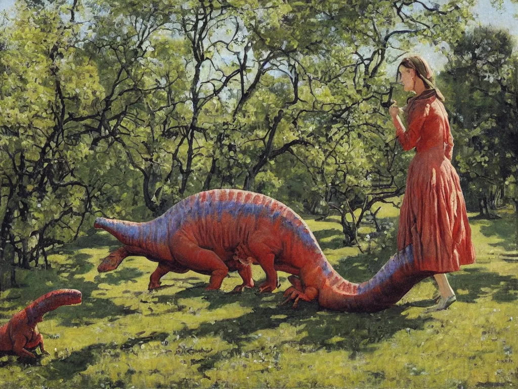 Image similar to portrait of a lady dinosaur in spring, painting by stanhope forbes, oil on canvas