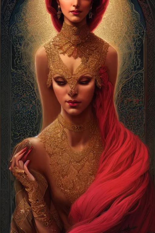 Image similar to Beautiful portrait of a Persian Princess who is an architect, beautiful princess, face painting, architecture, persian style architecture, dramatic lighting, intricate, wild, highly detailed, digital painting, artstation, concept art, smooth, sharp focus, illustration, black+velvet+red, art by artgerm and greg rutkowski and alphonse mucha, footage from space camera