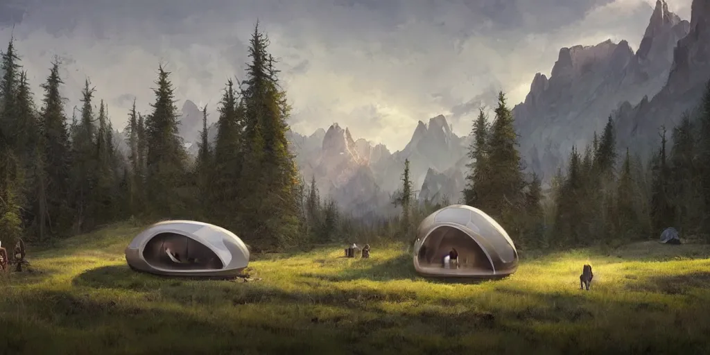 Image similar to cabela's tent futuristic pop up family pod, cabin, modular, person in foreground, mountainous forested wilderness open fields, beautiful views, painterly concept art, joanna gaines, environmental concept art, farmhouse, magnolia, concept art illustration by ross tran, by james gurney, by craig mullins, by greg rutkowski trending on artstation