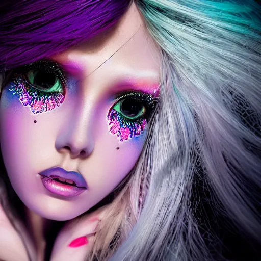 Image similar to Ethereal, mysterious stunning maximalist mesmerizing girl from the rainbow sky paradise, high-tech, professional high fashion model photo shoot for visual kei fashion, hyperdetailed by Mark Ryden and artgerm and Hiroyuki-Mitsume Takahashi, close-up 35mm macro shot, hyperrealism, 8k resolution 3D, cinematic, dynamic lighting, octane render, unreal engine 5