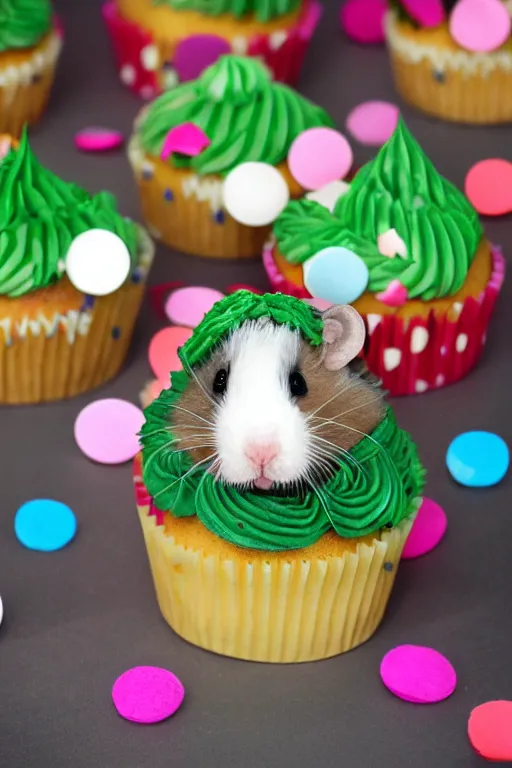 Prompt: a cupcake hamster, happy birthday, party, confetti, dark green blue, happy, cinematic, realistic, unreal engine