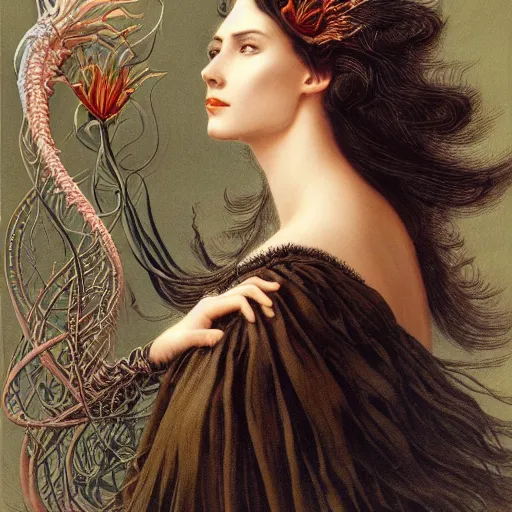 Image similar to facial portrait of a young pretty woman in flowing dress, arrogant, mysterious, long fine flowing hair, delicate, looking at camera, slightly awkward smile, realistic face, hands behind back, intricate, stylish, elegant, grimdark fantasy, flowers, extremely detailed painting by Gerald Brom and Ernst Haeckel and Greg Rutkowski