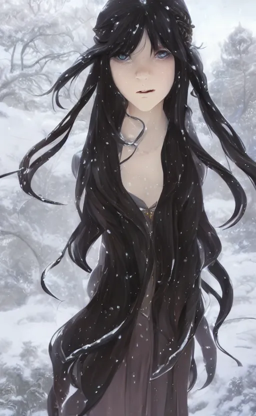 Image similar to an elven girl with long, flowing black hair standing in the snow, facing the camera. By Makoto Shinkai, Stanley Artgerm Lau, WLOP, Rossdraws, James Jean, Andrei Riabovitchev, Marc Simonetti, krenz cushart, Sakimichan, trending on ArtStation, digital art.