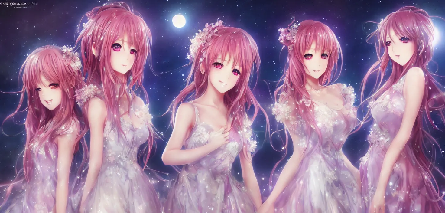 Image similar to two beautiful anime girls wear fantasy dress in festival | | sunny night, full moon, dreamlike art, realistic shaded, smile, good looking, hyper details, 4 k realistic, cryengine, realistic shaded lighting poster by artgerm, ross tran, fuji choko, 8 k resolution, trending on artstation, luxury