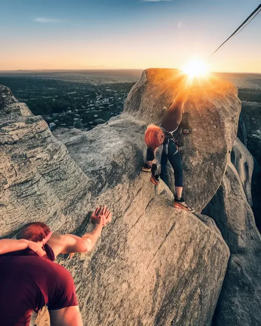 Prompt: climbing the belly of a giant monster, abdominal muscles like a rock wall, scaling a colossus, looking up at the tiny human climbing the monster, gorgeous view, sunset, sunshine rays