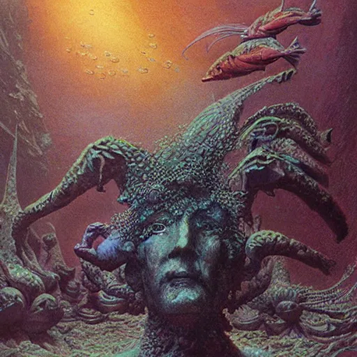 Image similar to a statue under the sea, by wayne barlowe,