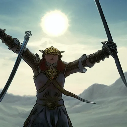 Image similar to a ultra detail picture portrait of A giant warrior in shimmering armor wielding a legendary sword, the sun at their back, strides forward with sword held high. They are the embodiment of courage and strength, and they are ready to fight for what is right. vivid tones, wide angle, by miyazaki, nausicaa ghibli, 8k, photorealistic,