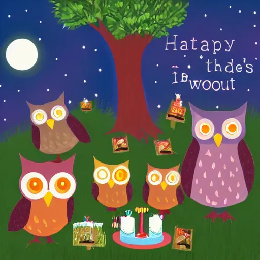 Prompt: photo of owl birthday party in the woods at night