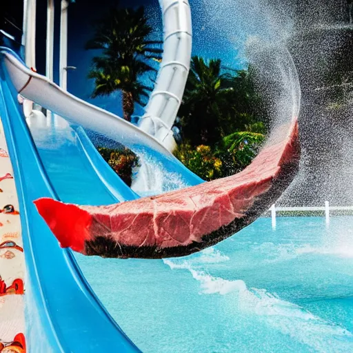 Image similar to a medium rare steak on a waterslide, high contrast, slow - mo high speed photography, water splashing, summertime water park