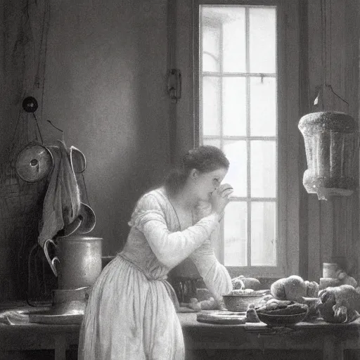 Prompt: guy feirri in a kitchen, painting by Pierre Auguste Cot, dramatic lighting