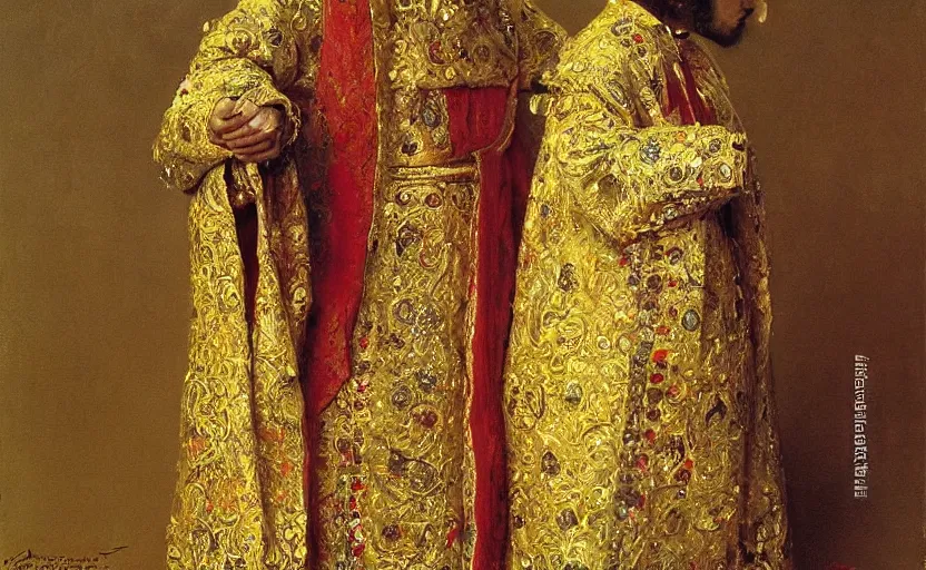 Image similar to high quality high detail painting by ilya repin, the holy priest, intricate costume design, orientalist, partially gold, ornate, elite, luxury, hd